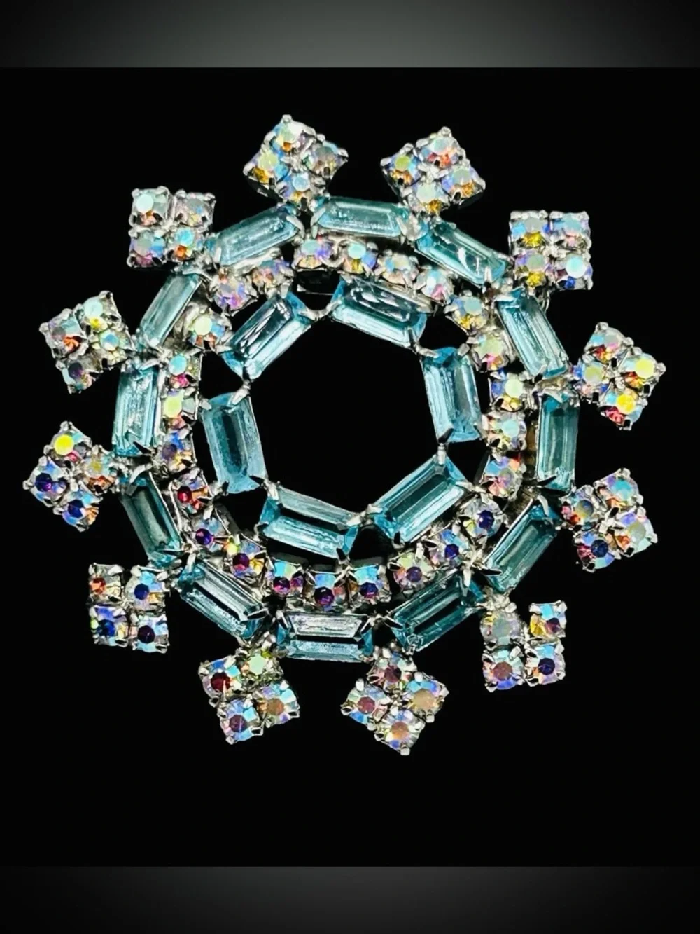 Vintage AB Rhinestone Blue Baguette Circle Brooch